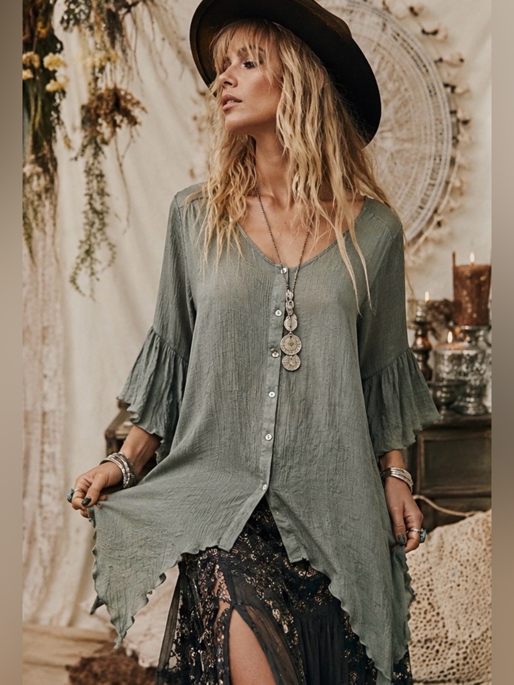 Honeyme Sage Green Gauze Tunic Top | Romantic Flowy Bell Sleeve Bohemian
Size M
